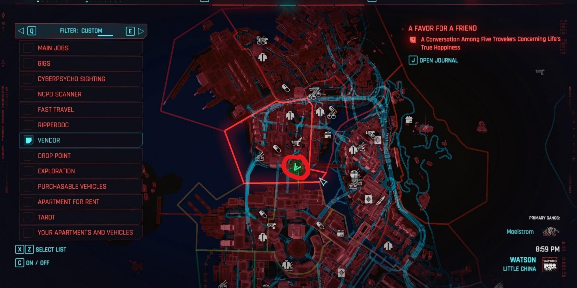 capture d'écran de la carte de l'emplacement nix dans Cyberpunk 2077