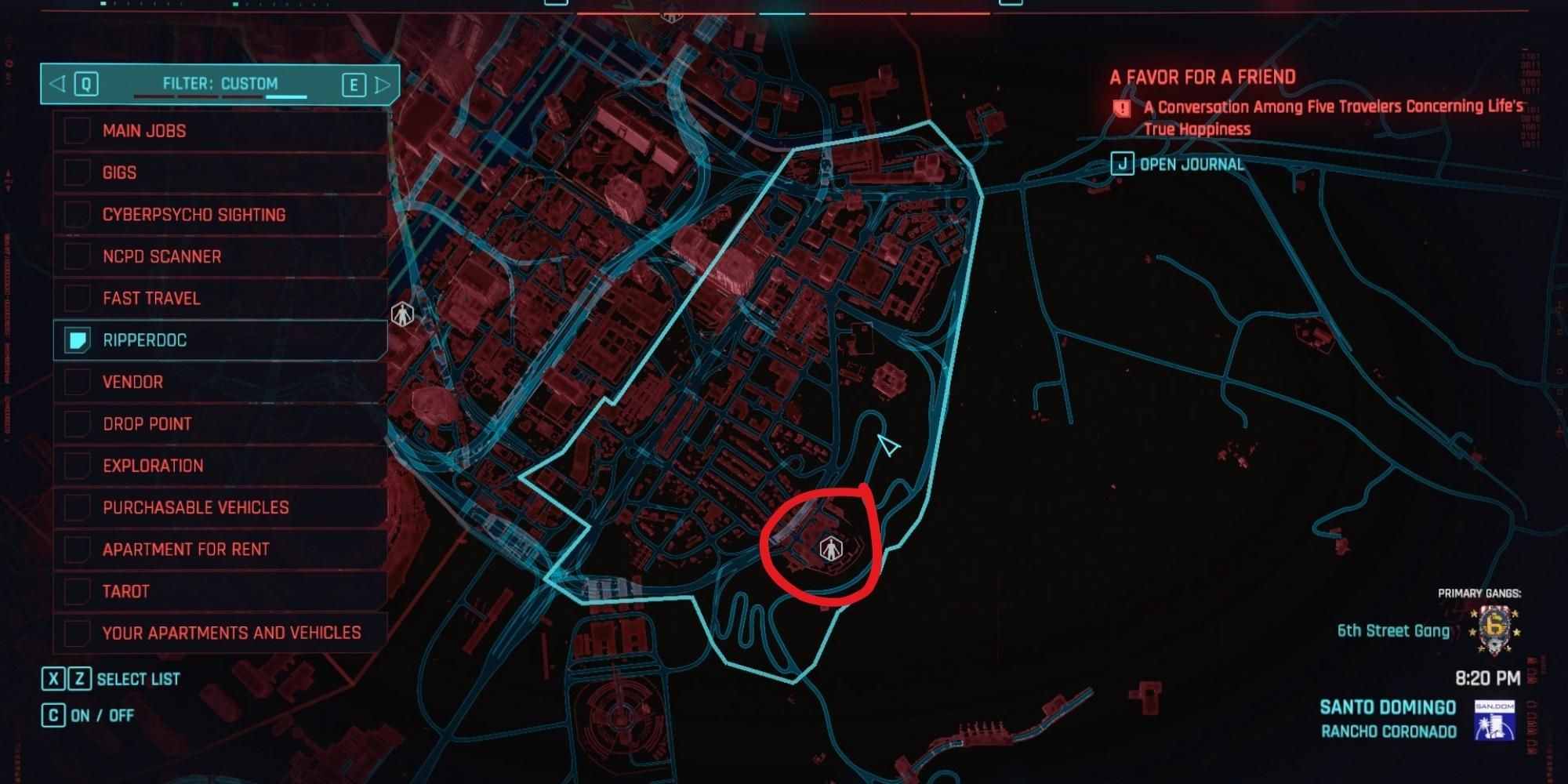 Schermata della mappa della clinica di Octavio in Cyberpunk 2077