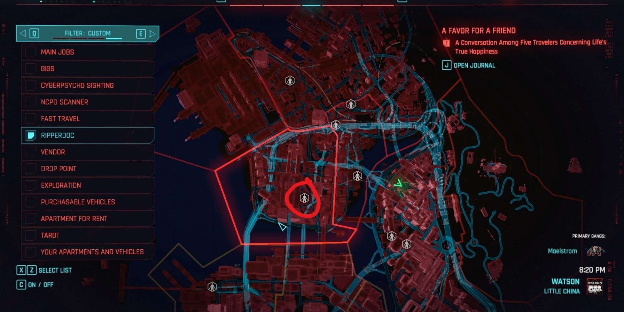 Screenshot della mappa della clinica di Viktor in Cyberpunk 2077