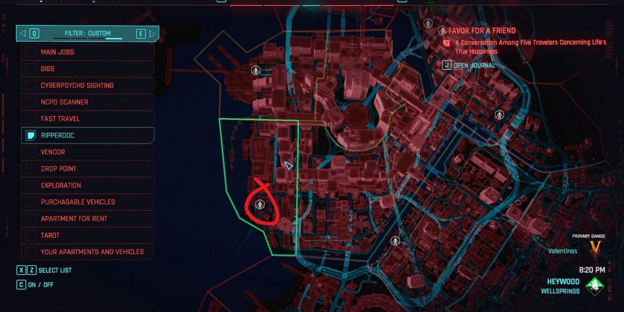 Schermata della mappa di Wellsprings Ripperdoc in Cyberpunk 2077