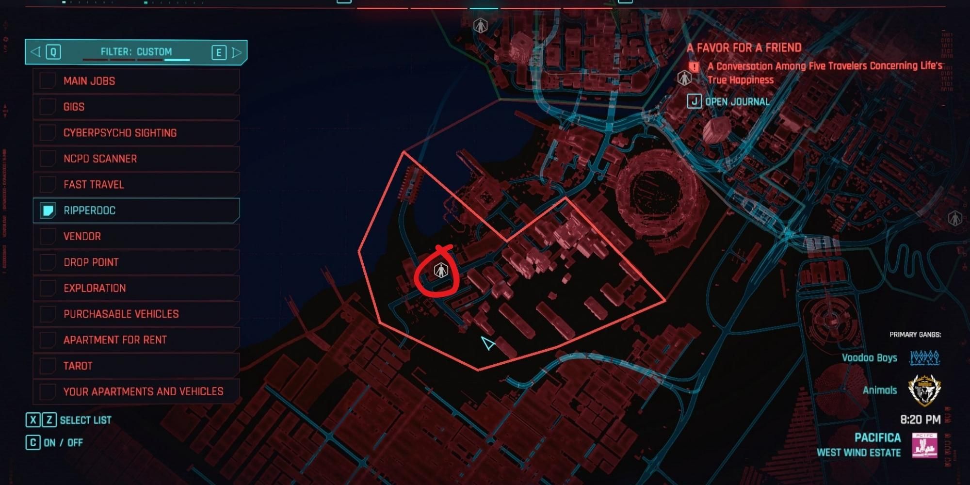 Schermata della mappa di Ripperdoc della West Wind Estate in Cyberpunk 2077