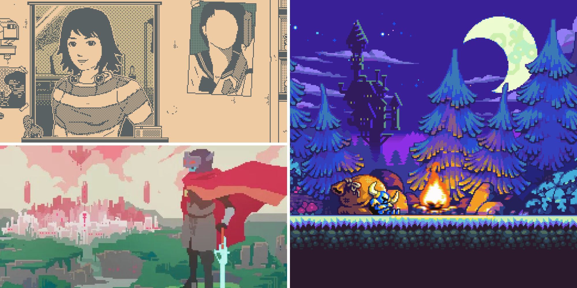 Collage of the Best Pixel Art Games (World of Horror, Hyper Light Drifter, Shovel Knight)