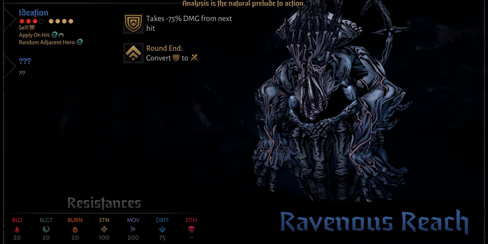 Ravenous Reach stats  displayed in menu in Darkest Dungeon 2