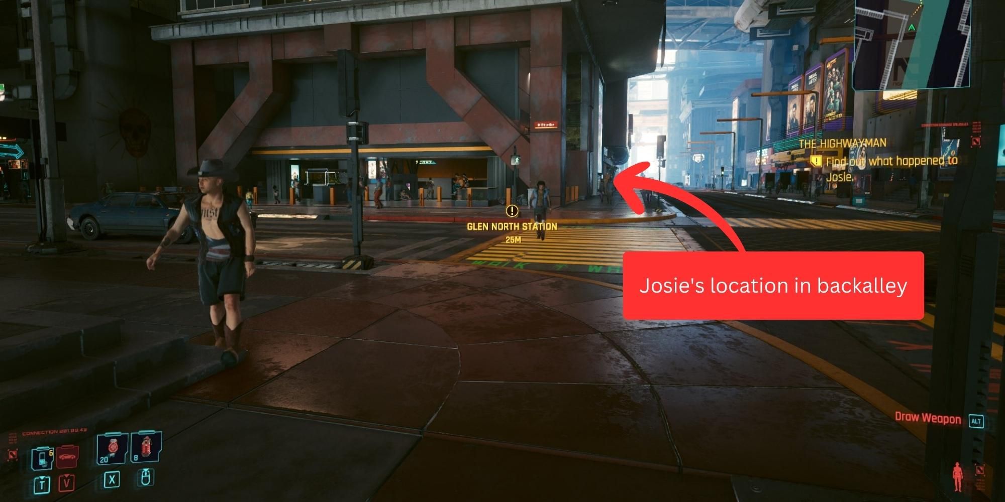 red arrow and text indicating josie's location in back alley behind metro in cyberpunk 2077