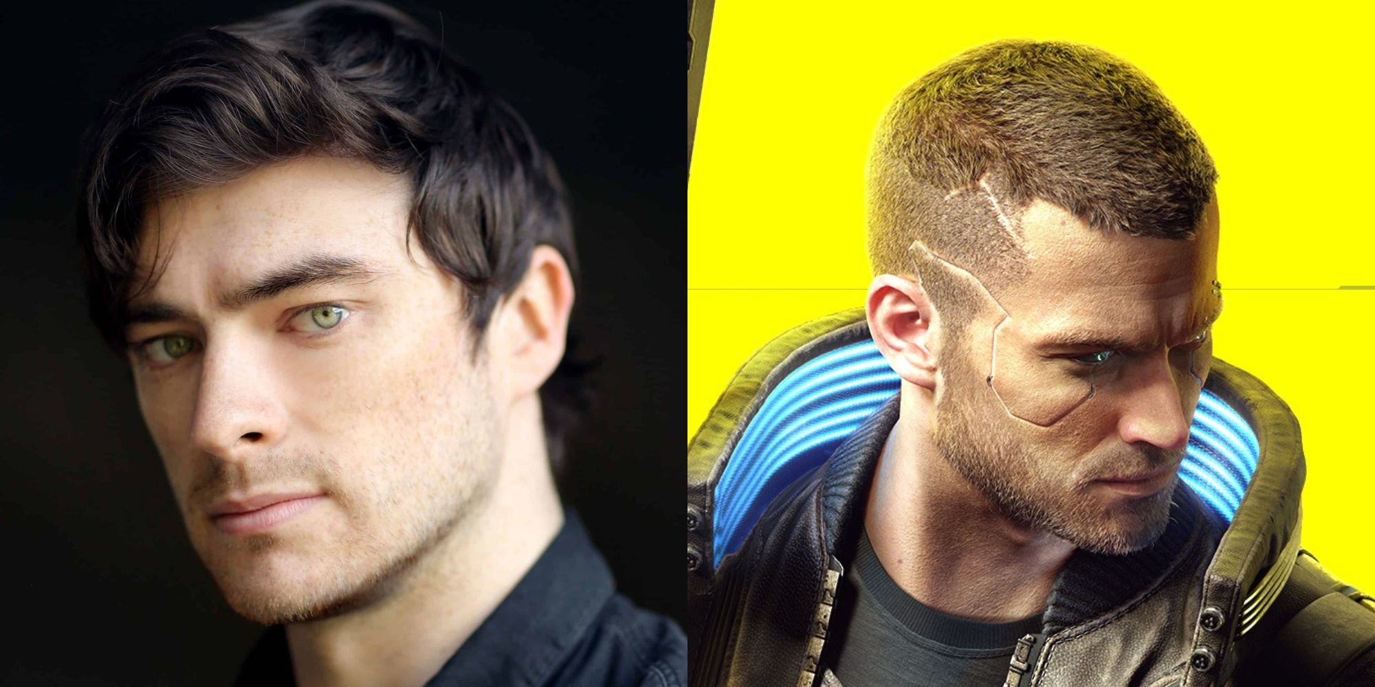 split image of Gavin Drea and Male V in Cyberpunk 2077