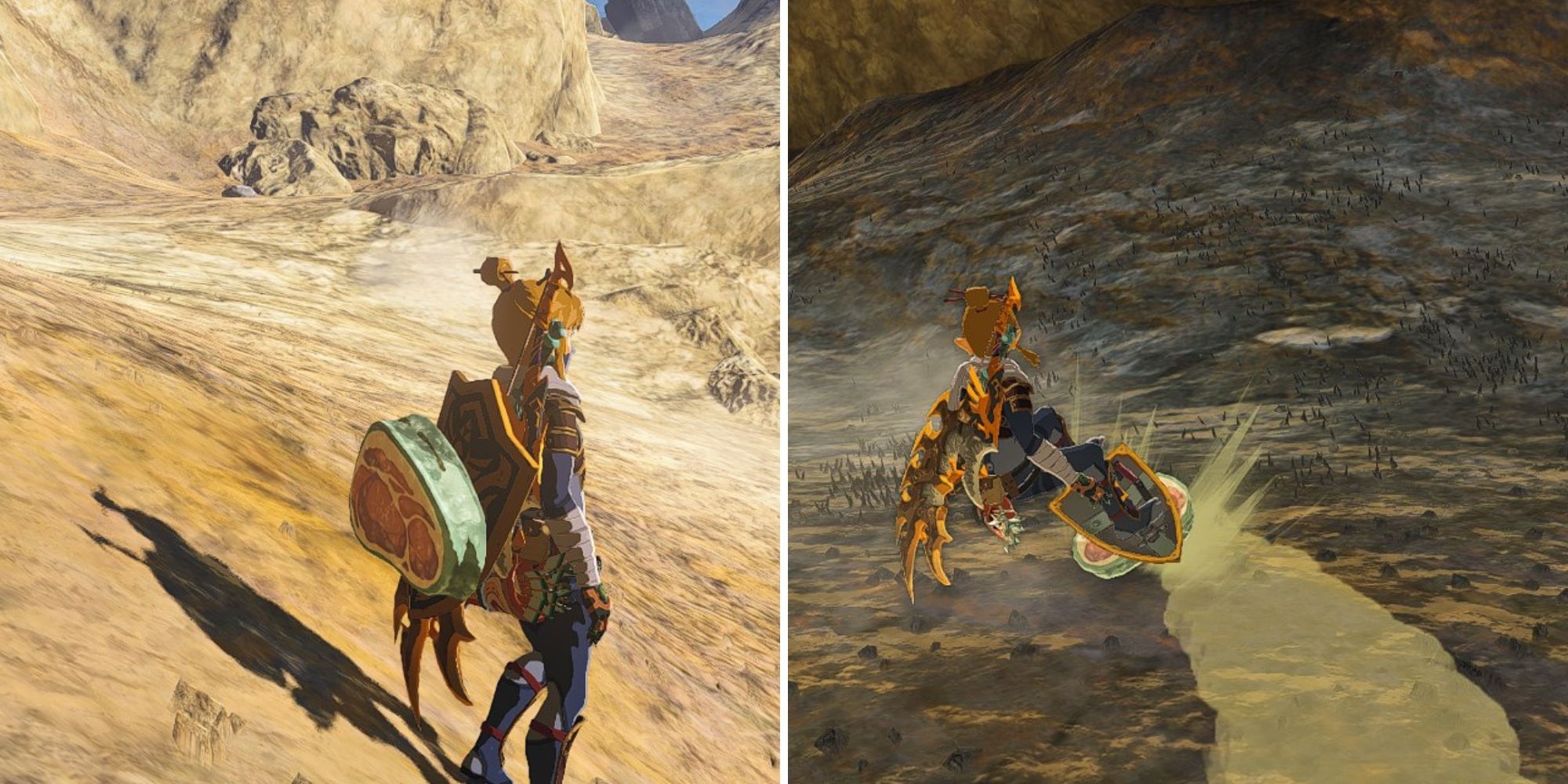 split image of link using icy meat shield to shield surf