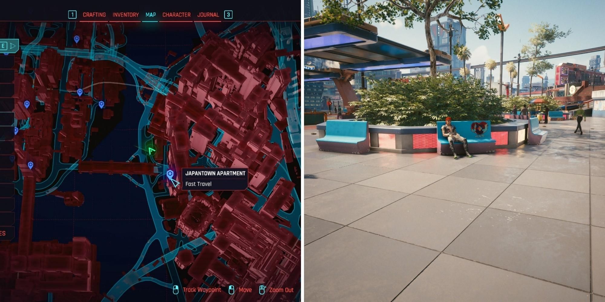 split screen image of james' location in cyberpunk 2077 during highwayman side mission