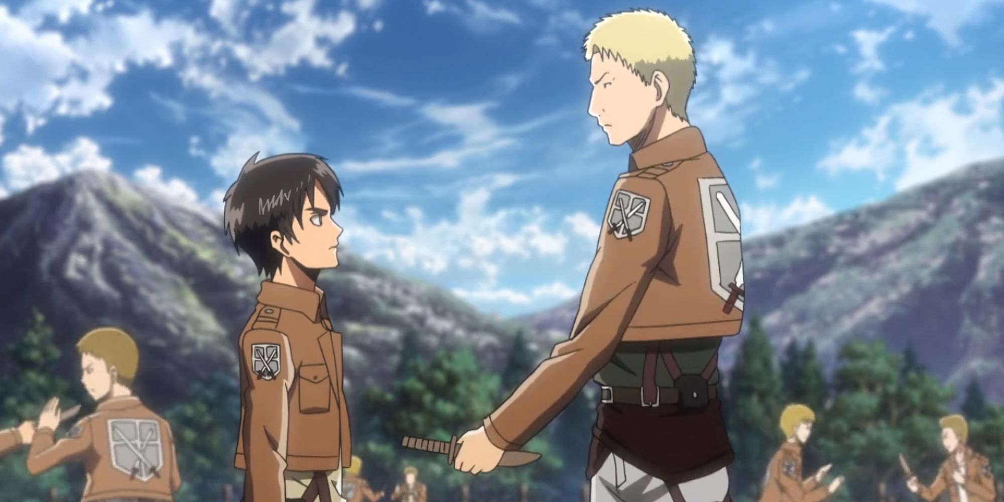 Reiner hands over a knife to Eren during training corps season 1