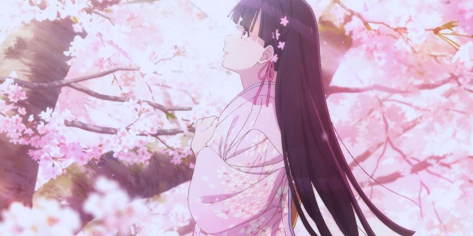 Miyo Saimori from My Happy Marriage in a pink kimono under the cherry blossom tree episode 3