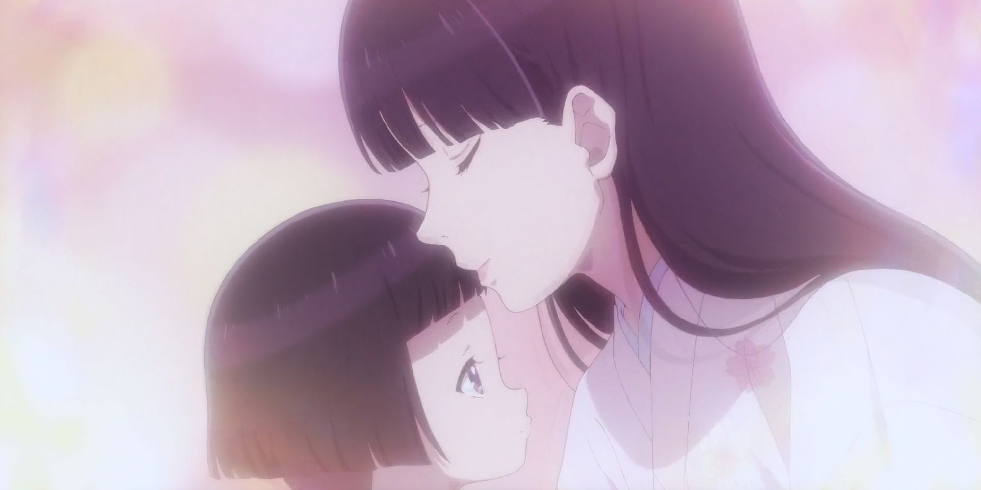 child Miyo Saimori from My Happy Marriage getting kissed on her forehead by her mother from Usuba bloodline