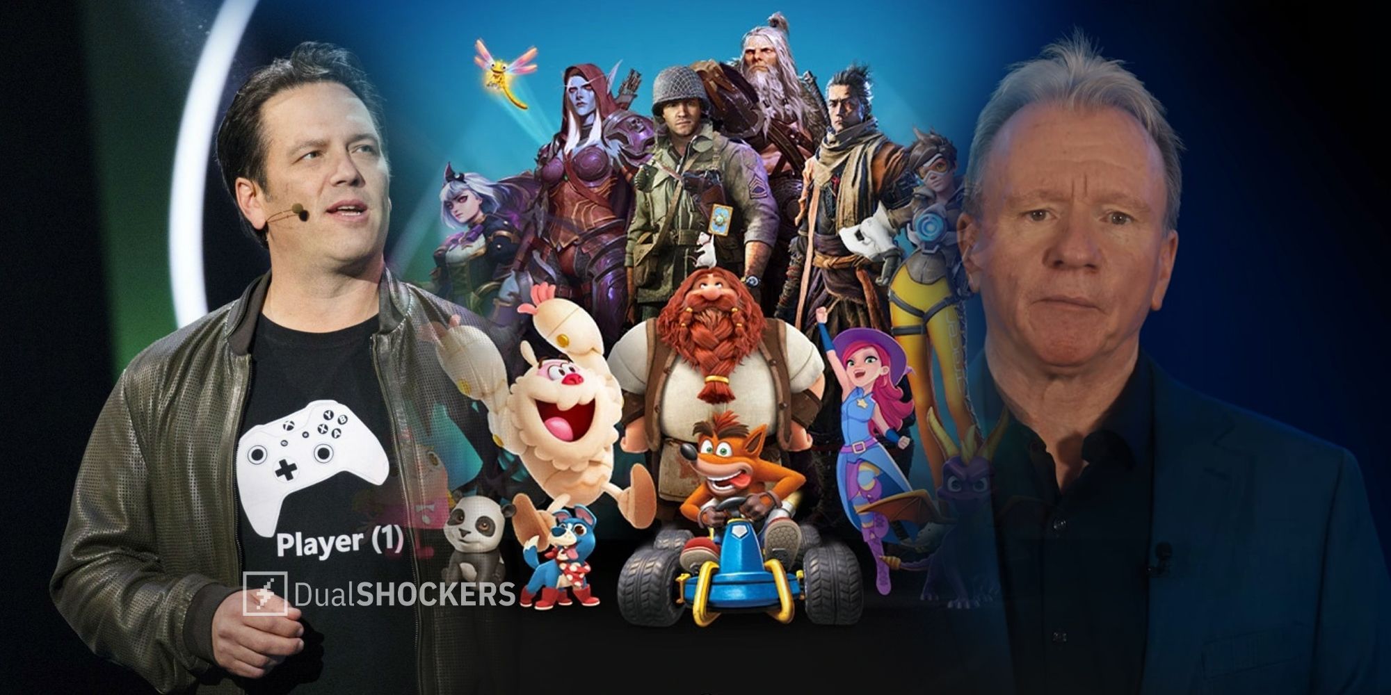 Phil Spencer of Xbox and Jim Ryan of Playstation with Activision Blizzard characters