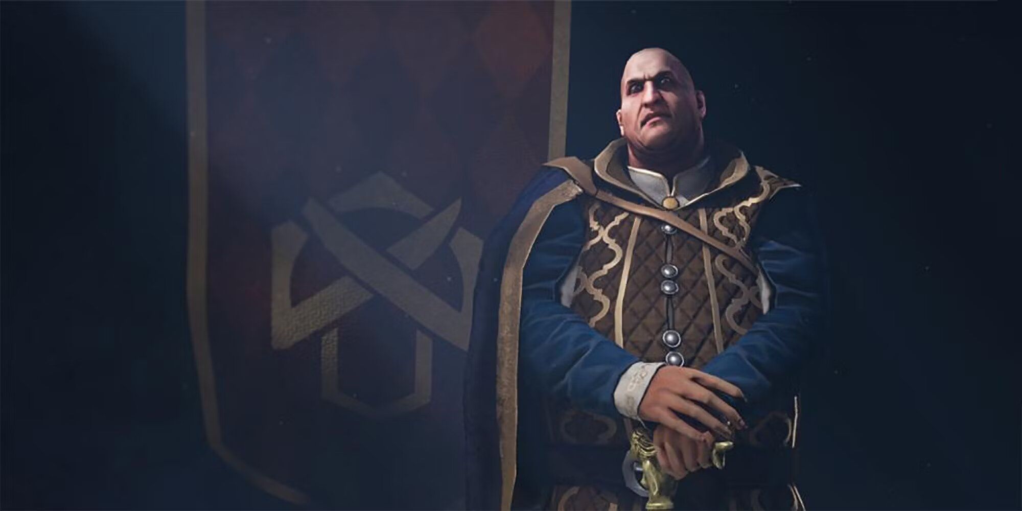 Witcher Gwent Sigismund Djikstra wearing blue and brown robes standing in front of a banner