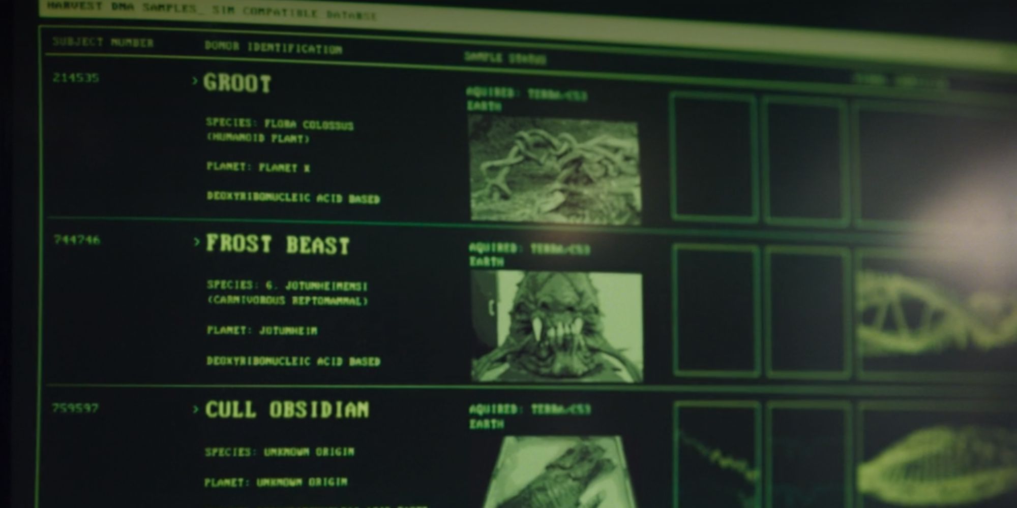 Still of a computer screen showing DNA samples from Secret Invasion