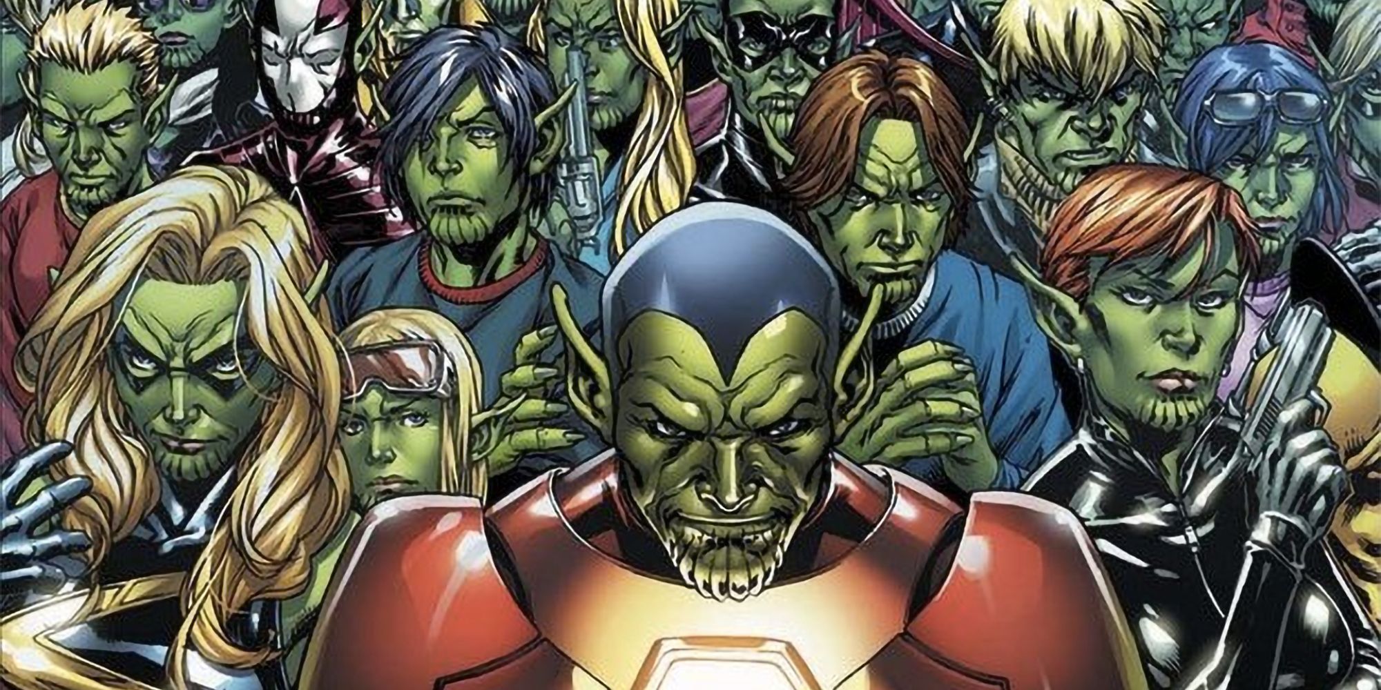 Comic book cover of the Skrulls dressed as the Avengers, including Iron Man and Black Widow