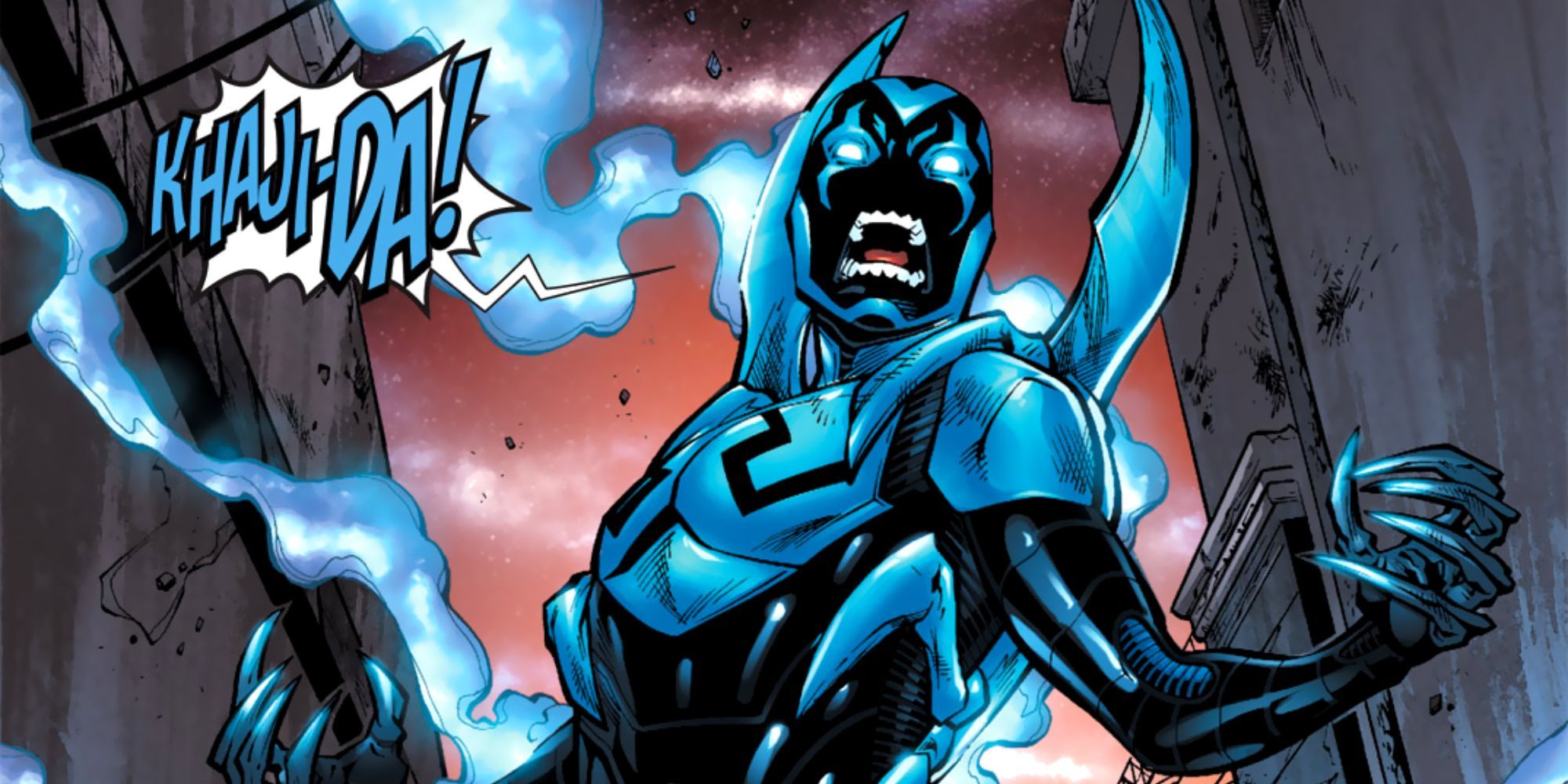 Comic book still of Blue Beetle shouting Khaji Da