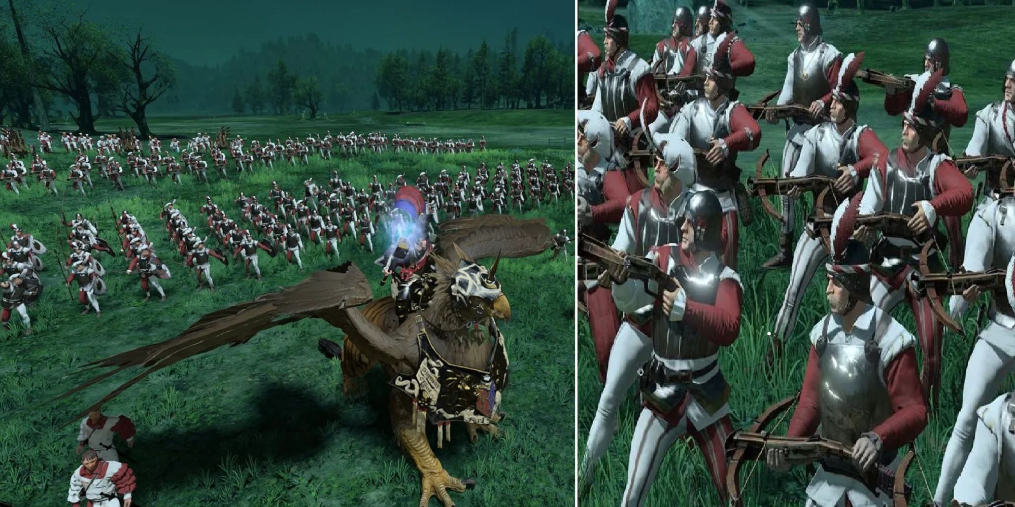 Immortal Empires split image Karl Franz leading his army and crossbowmen with weapons raised