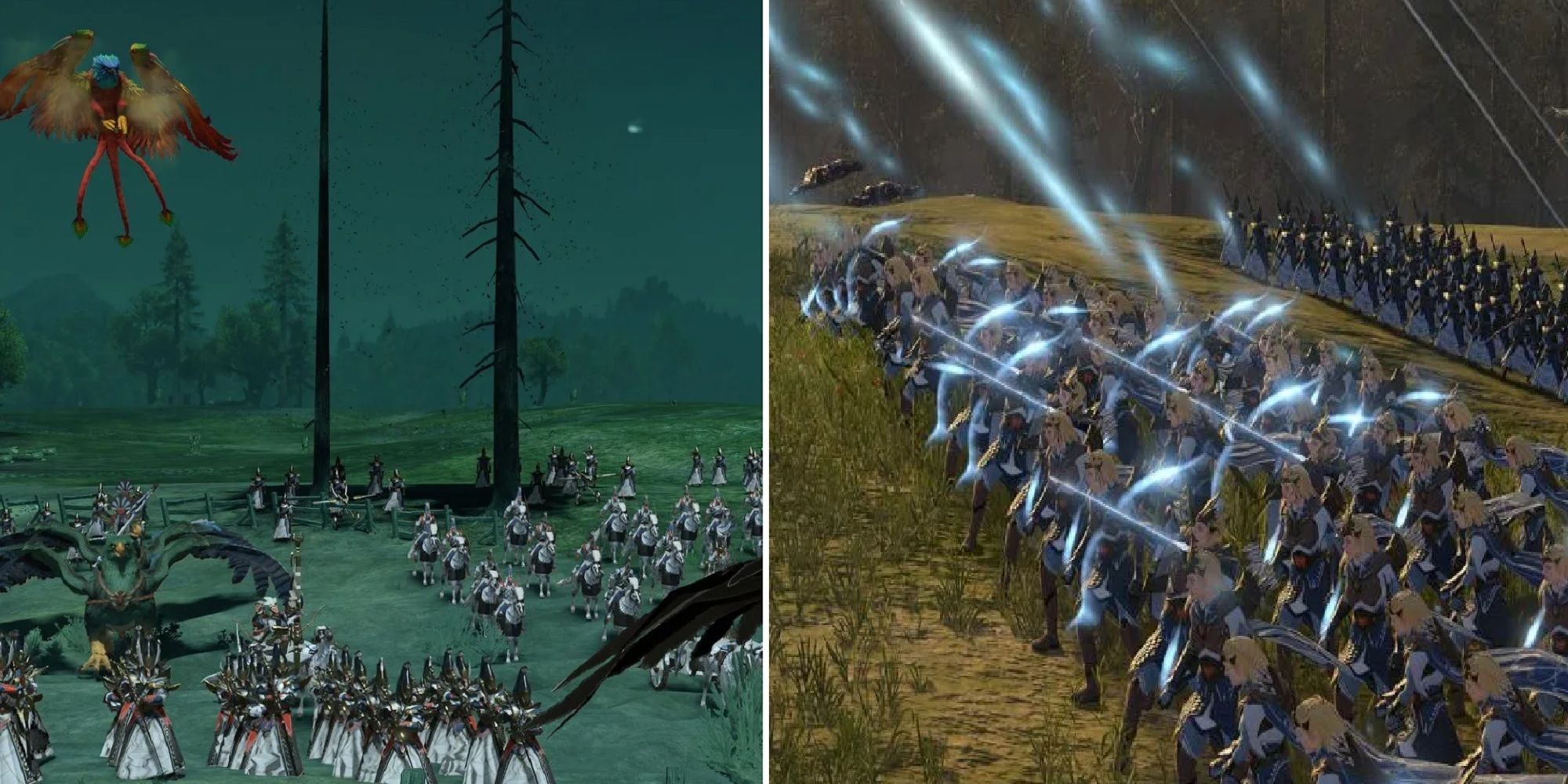 Immortal Empires split image High Elf army on battlefield and Sisters of Avelorn unit firing volley of arrows