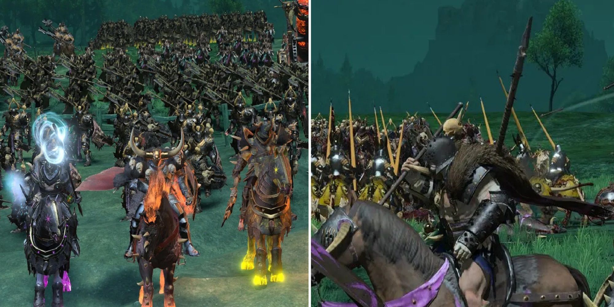 Immortal Empires split image mixed Warriors of Chaos army stands on the field and Warriors of Chaos cavalry unit waits