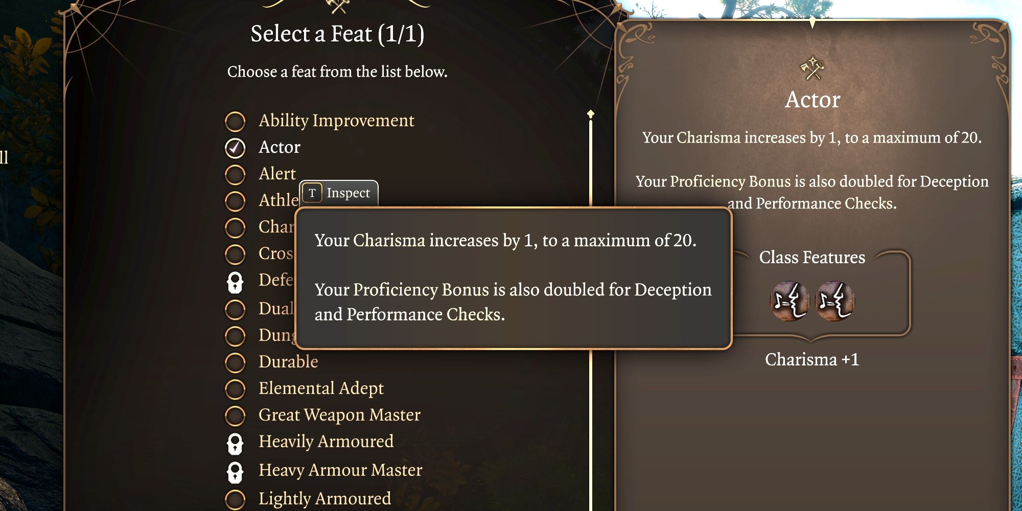 Baldur's Gate 3 Feats list available to Warlocks, with the Actor selected as the best first choice