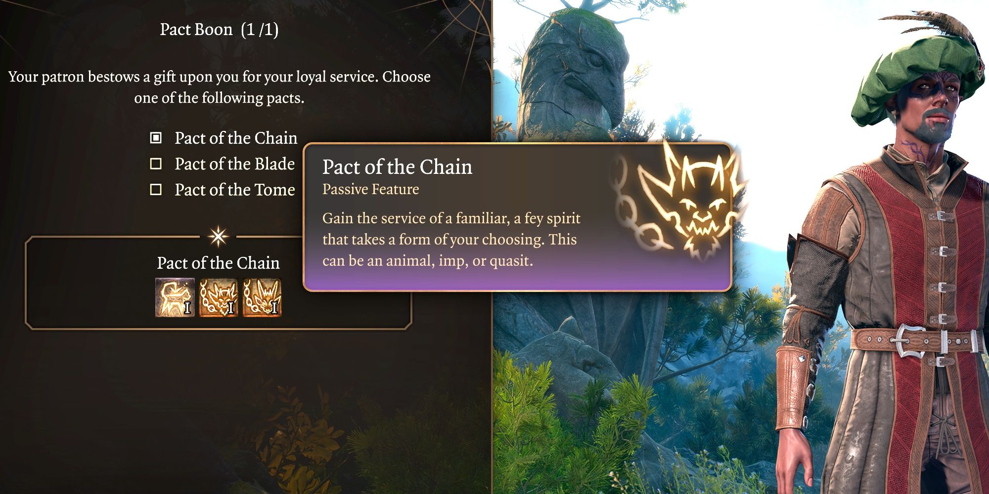 Baldur's Gate 3 Warlock Pact list shown with Pact of the Chain selected for multiple pets