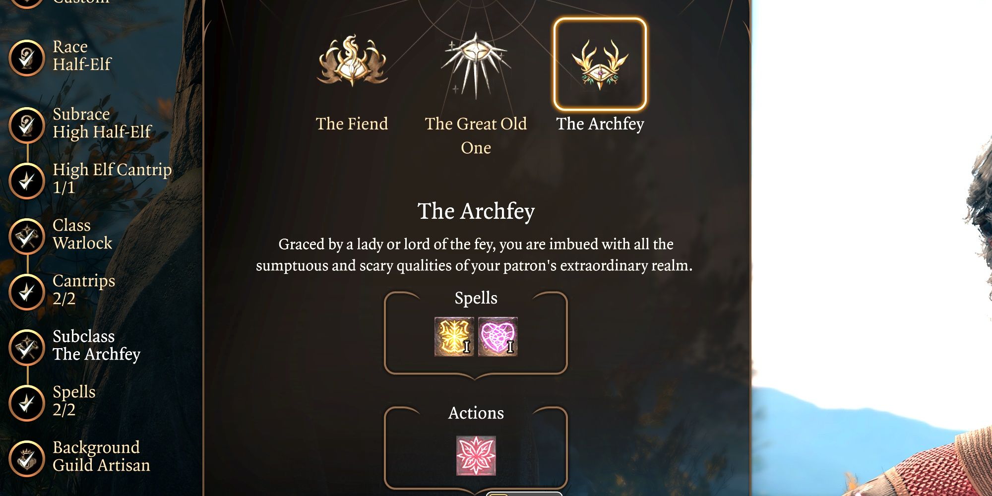 BG3 Warlock Subclasses are shown with the Archfey selected for greater crowd control