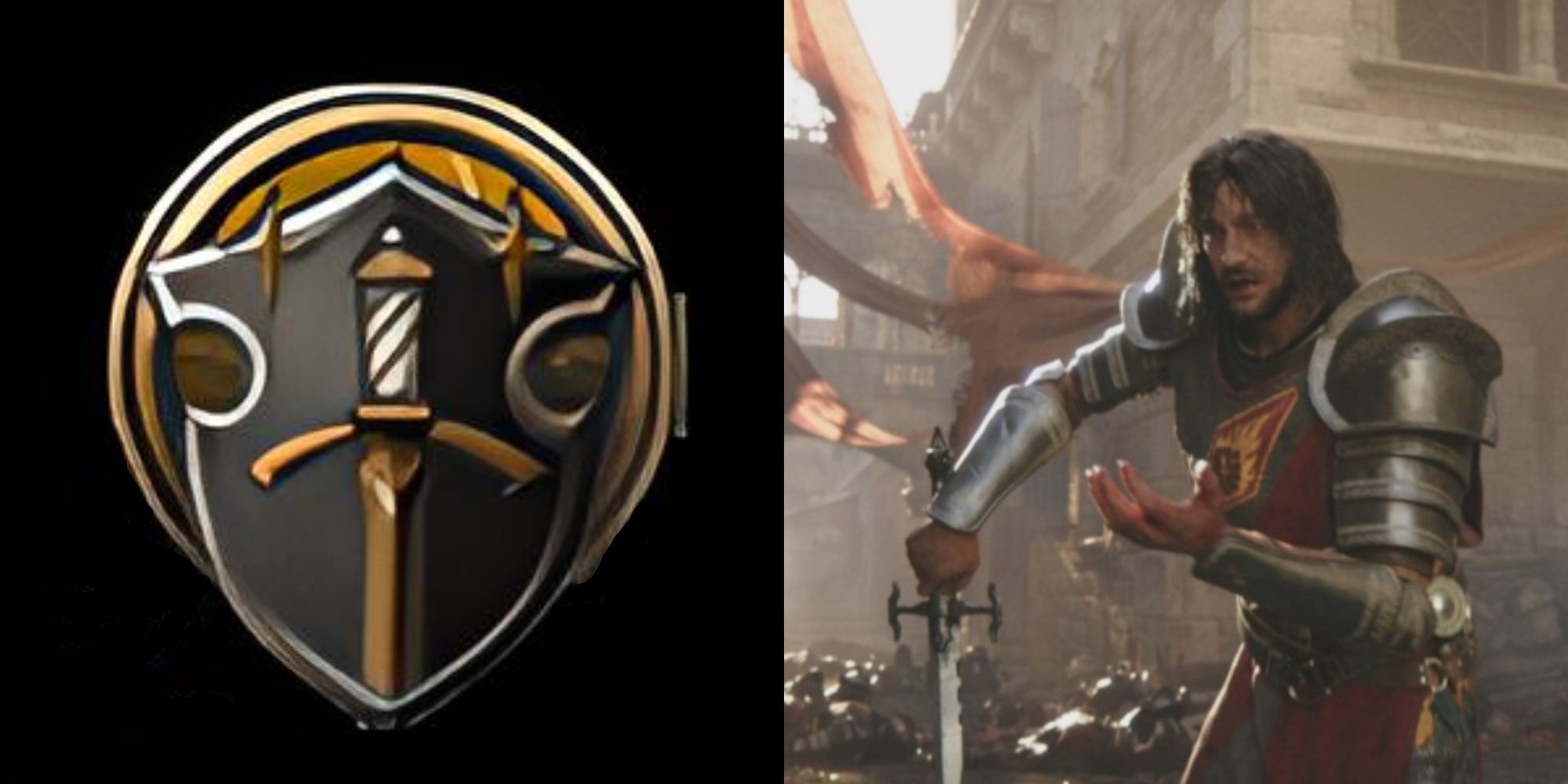 The symbol of the oath of vengeance paladin from baldur's gate 3 alongside an in-game screenshot