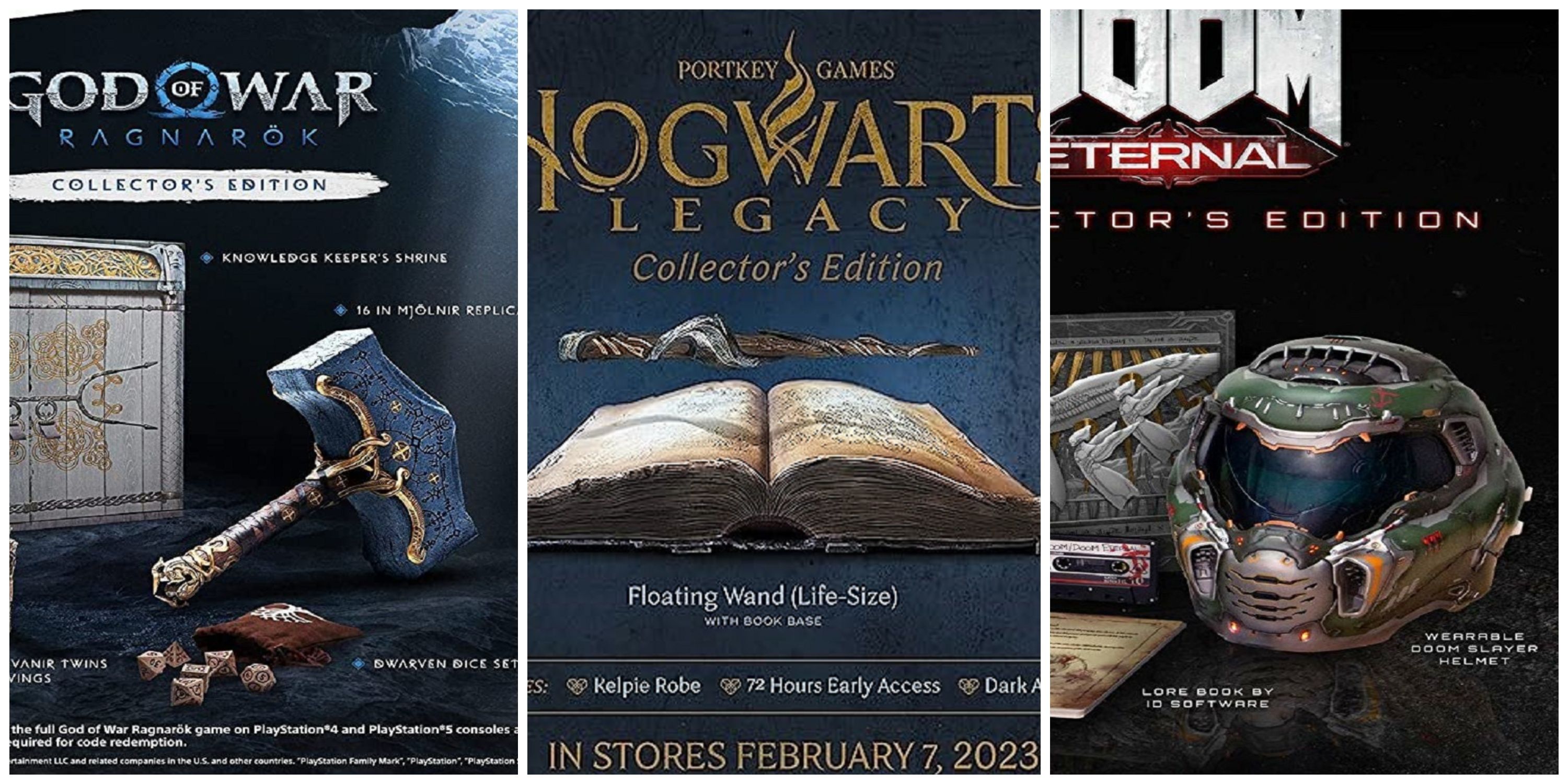 Collector's Editions of God Of War Ragnarok, Hogwarts Legacy, and Doom Eternal