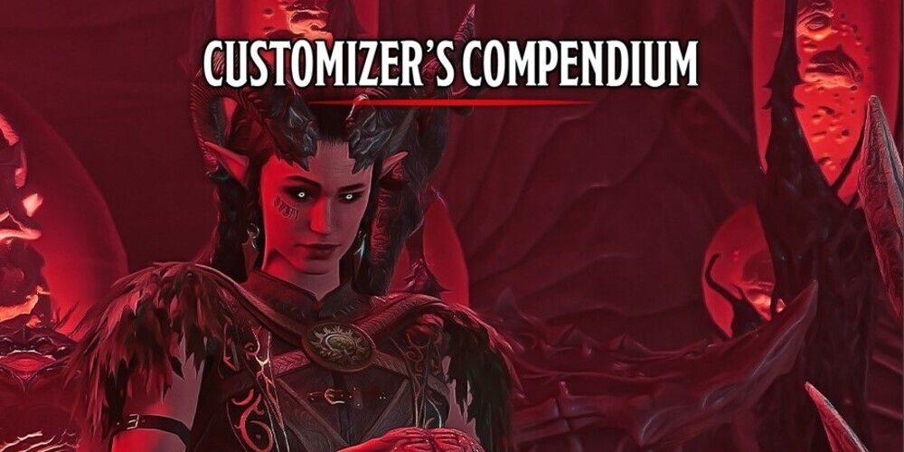 The banner image for the mod Customizer's Compendium. Depicts a femme Tiefling holding a brain.