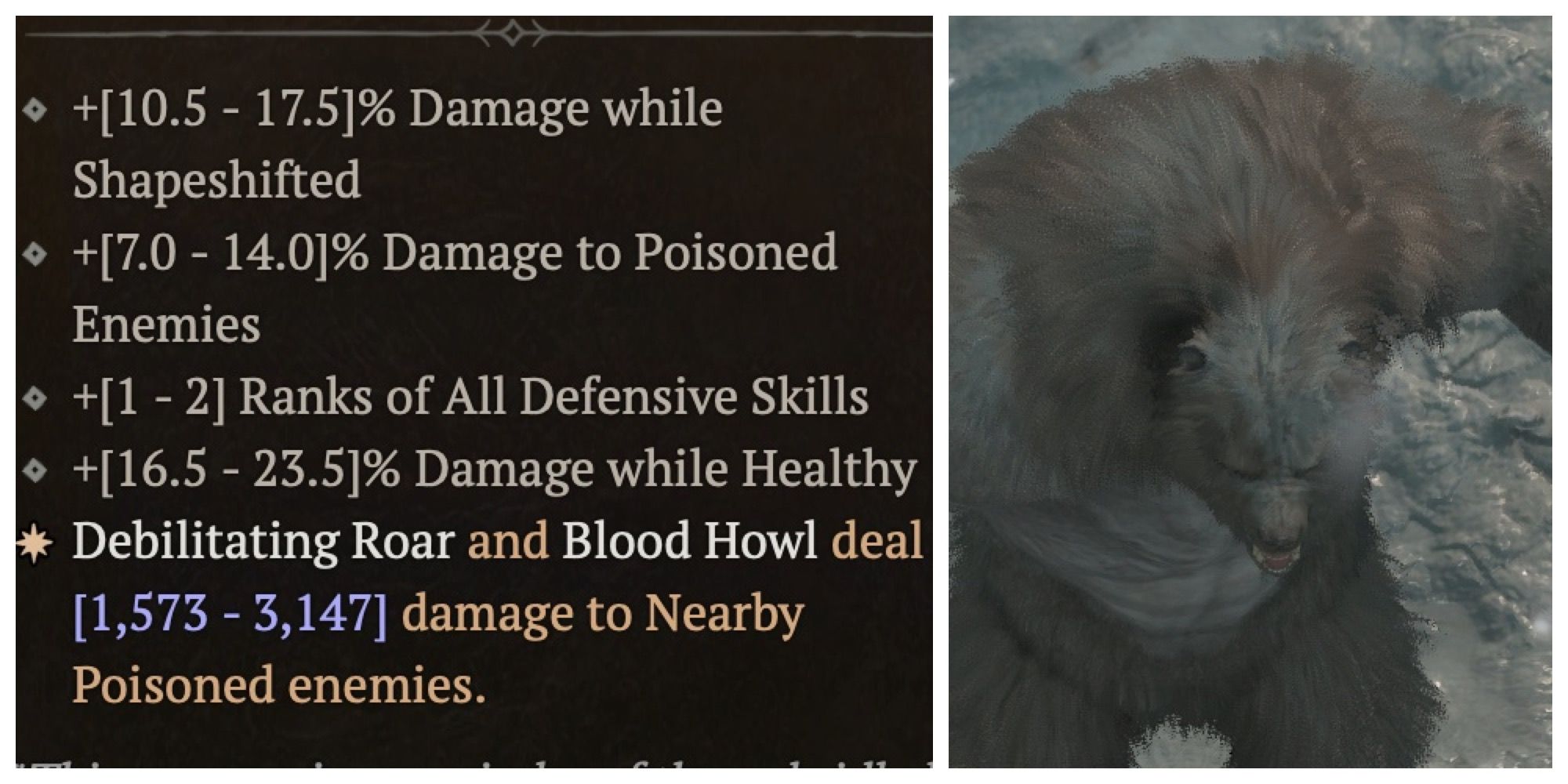 D4 description of Fleshrender's potential stats is displayed next to an image of a Werebear