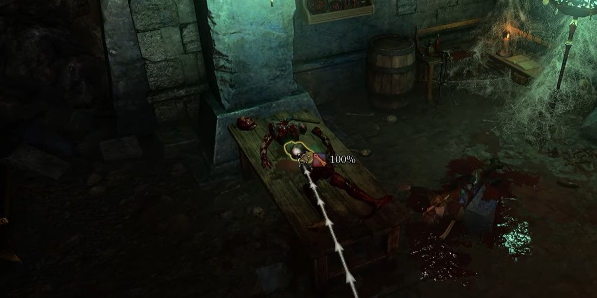 The Baldur's Gate 3 character is using a spell to destroy Mystic Carrion's brain inside of the jar on the bench.