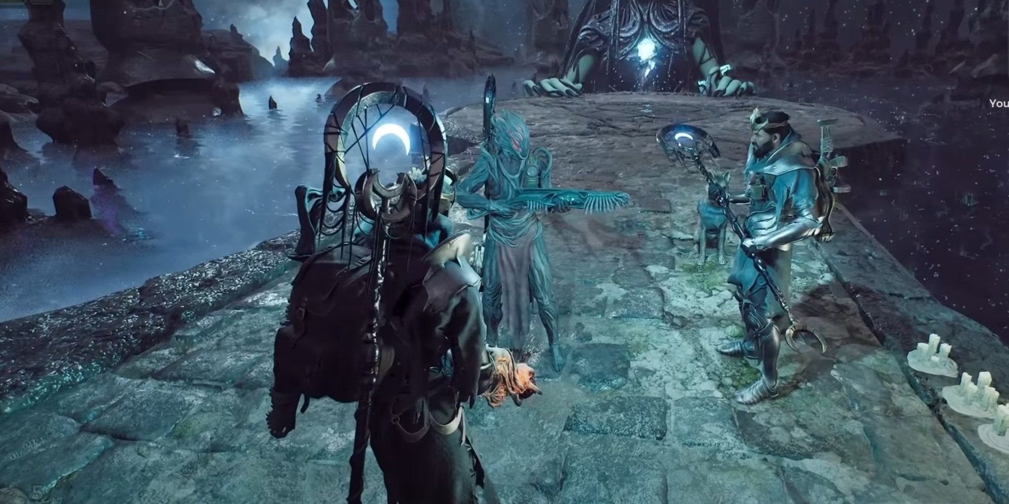 The Remnant 2 character is standing in front of Nimue with the Dreamcatcher melee weapon equipped on their back.