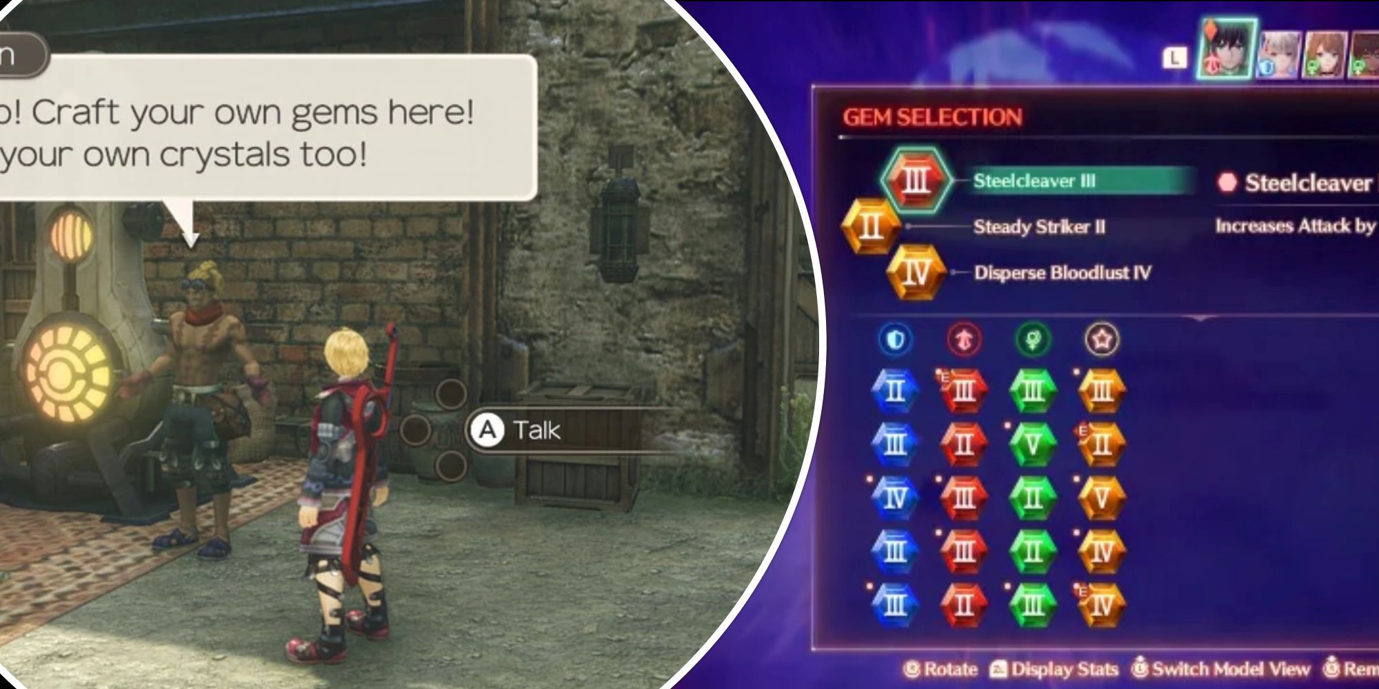 Xenoblade Chronicles 3: Future Redeemed split image Gem crafting station and Steelcleaver Gem in status menu