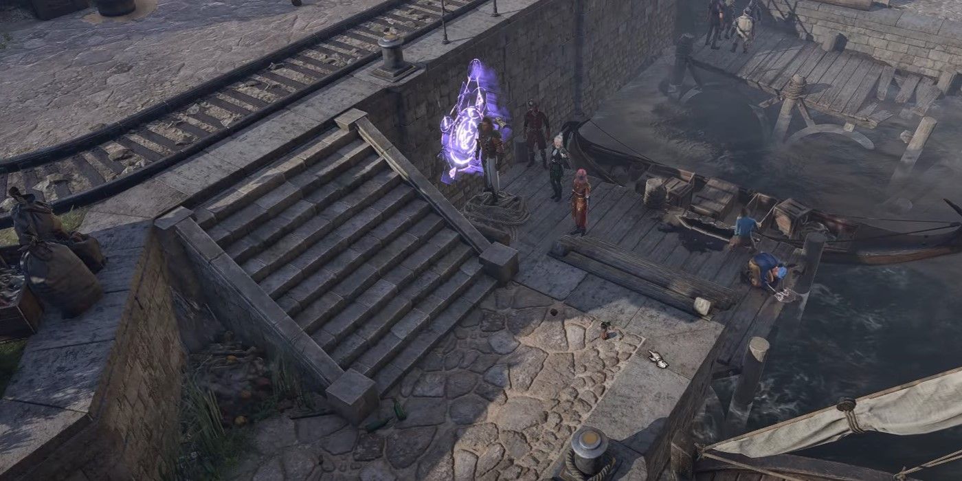 The Baldur's Gate 3 character is approaching the sailor scrubbing the dock at Grey Harbor Docks