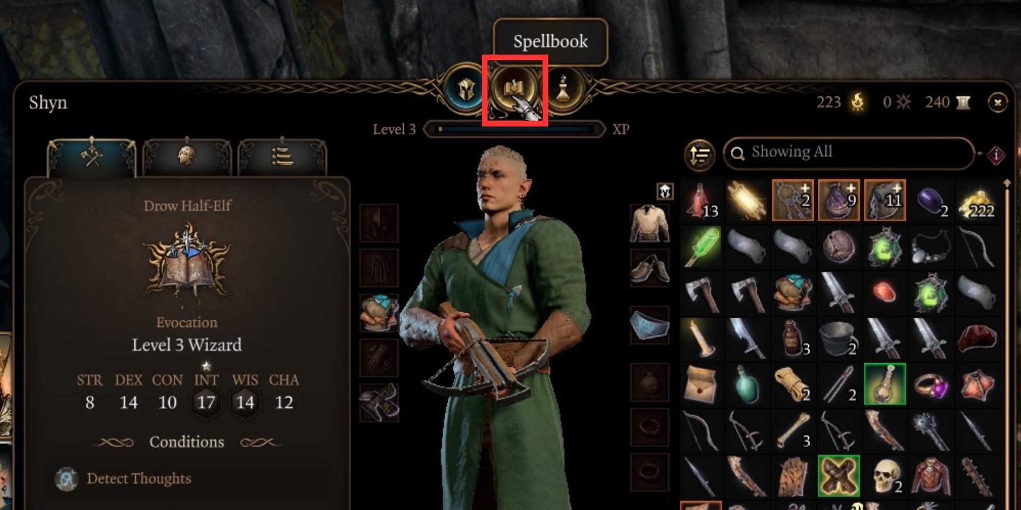 highlighted spellbook icon on character screen in baldur's gate 3