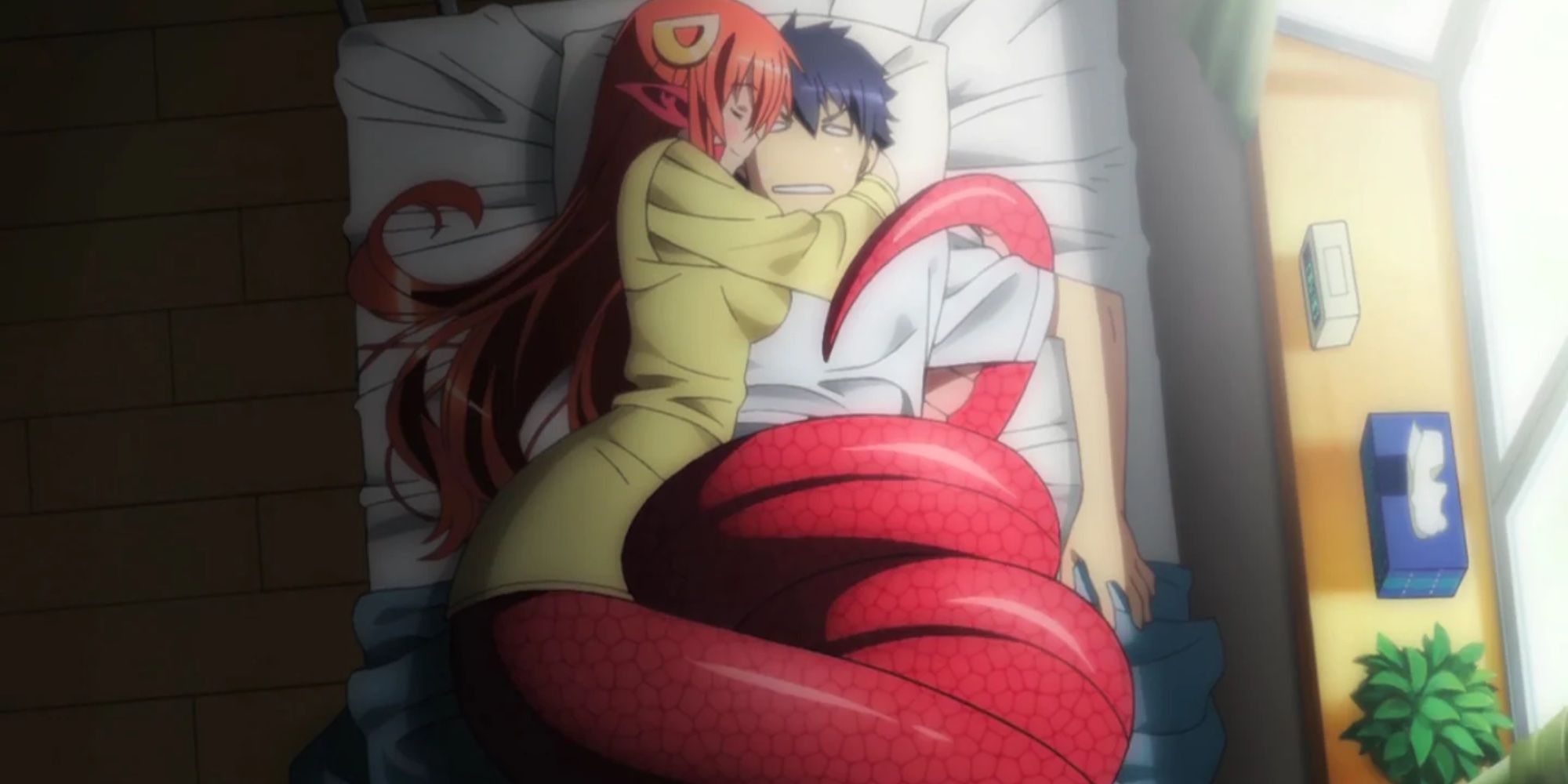 Miia sleeping with Kimihito wrapped around her tail