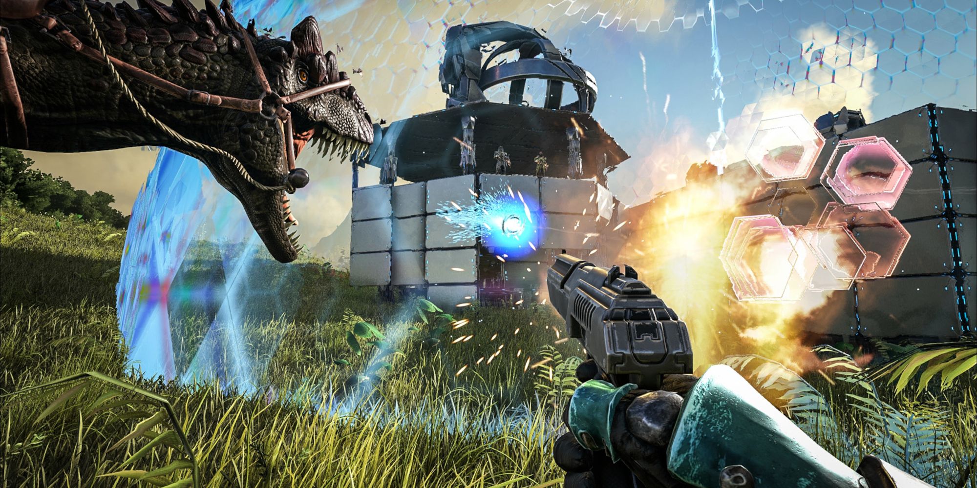 Shooting a forcefield with a pet T-rex in Ark: Survival Evolved