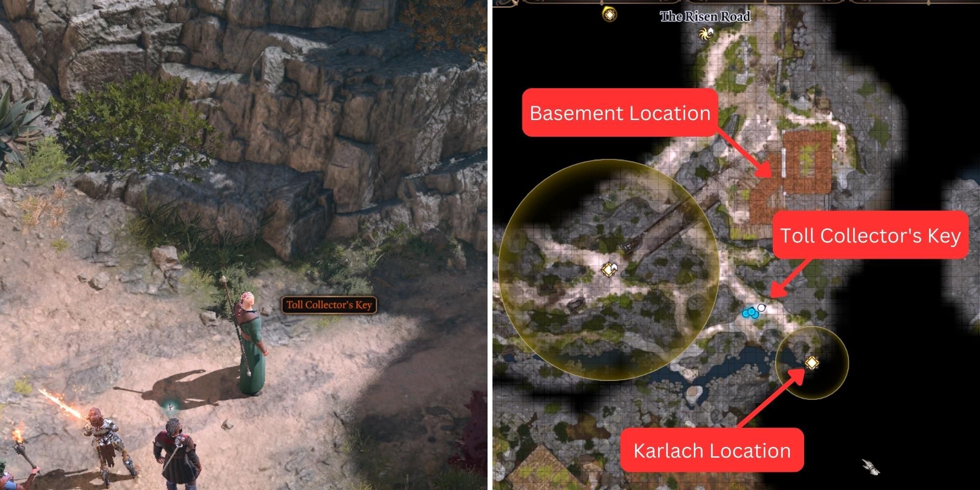 split image location screenshot of toll house basement key in baldur's gate 3