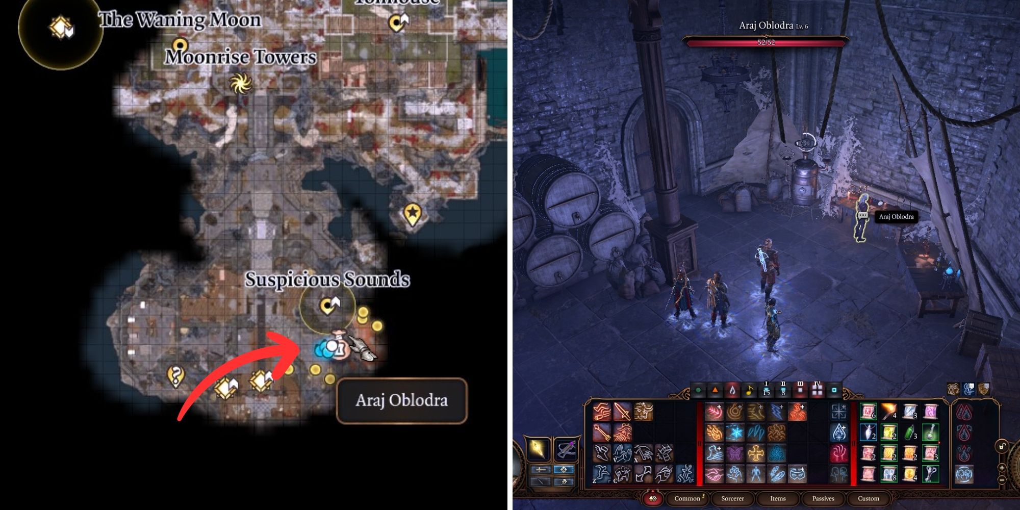 split image of araj oblodra's location in baldur's gate 3