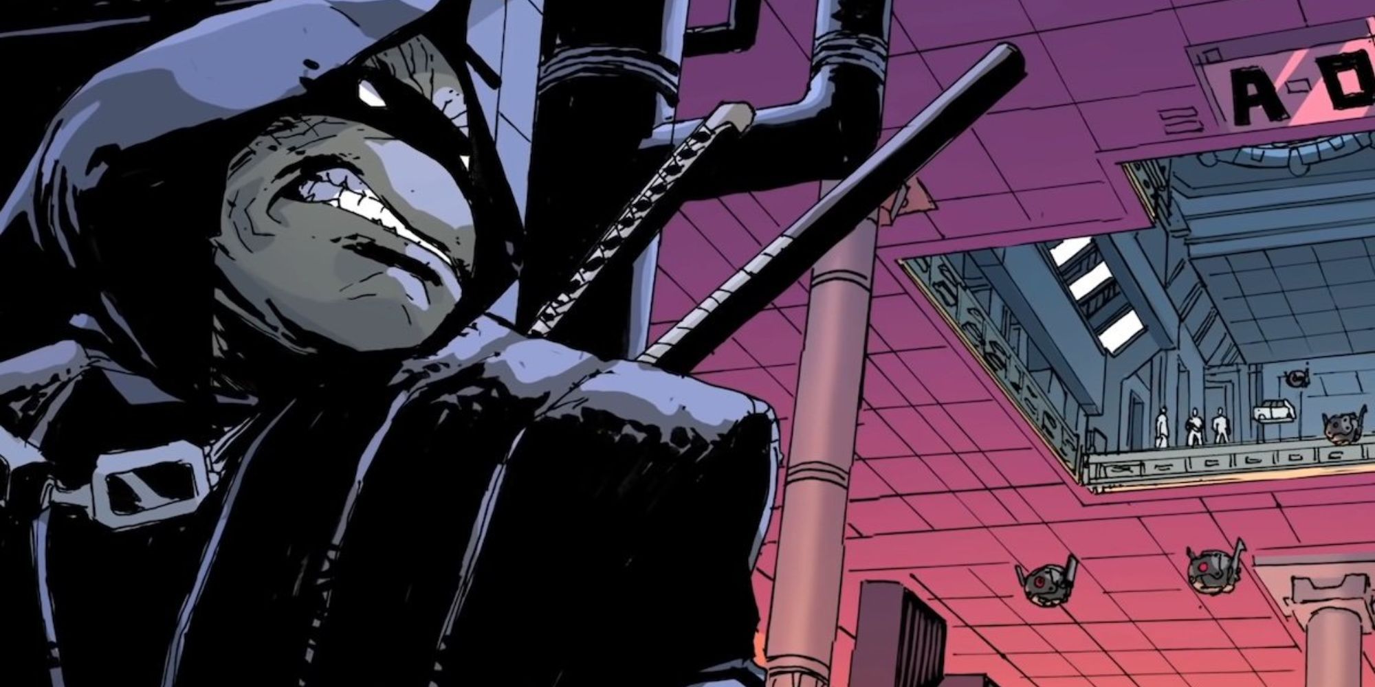 Still of Michelangelo wearing black robes and mask hiding behind a wall in The Last Ronin comic