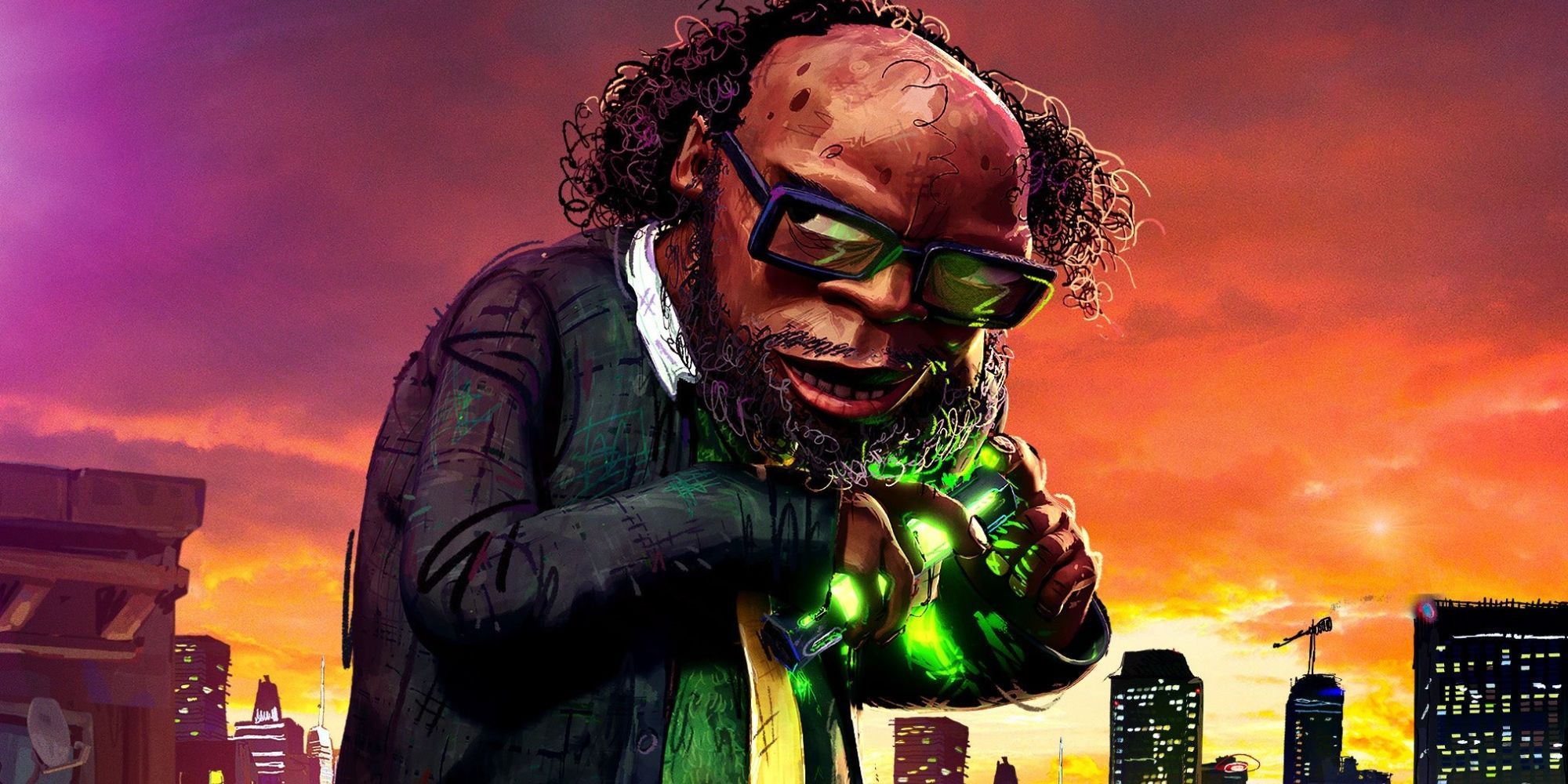 Cropped still of the Baxter Stockman standing with green ooze against a city skyline in Teenage Mutant Ninja Turtles: Mutant Mayhem