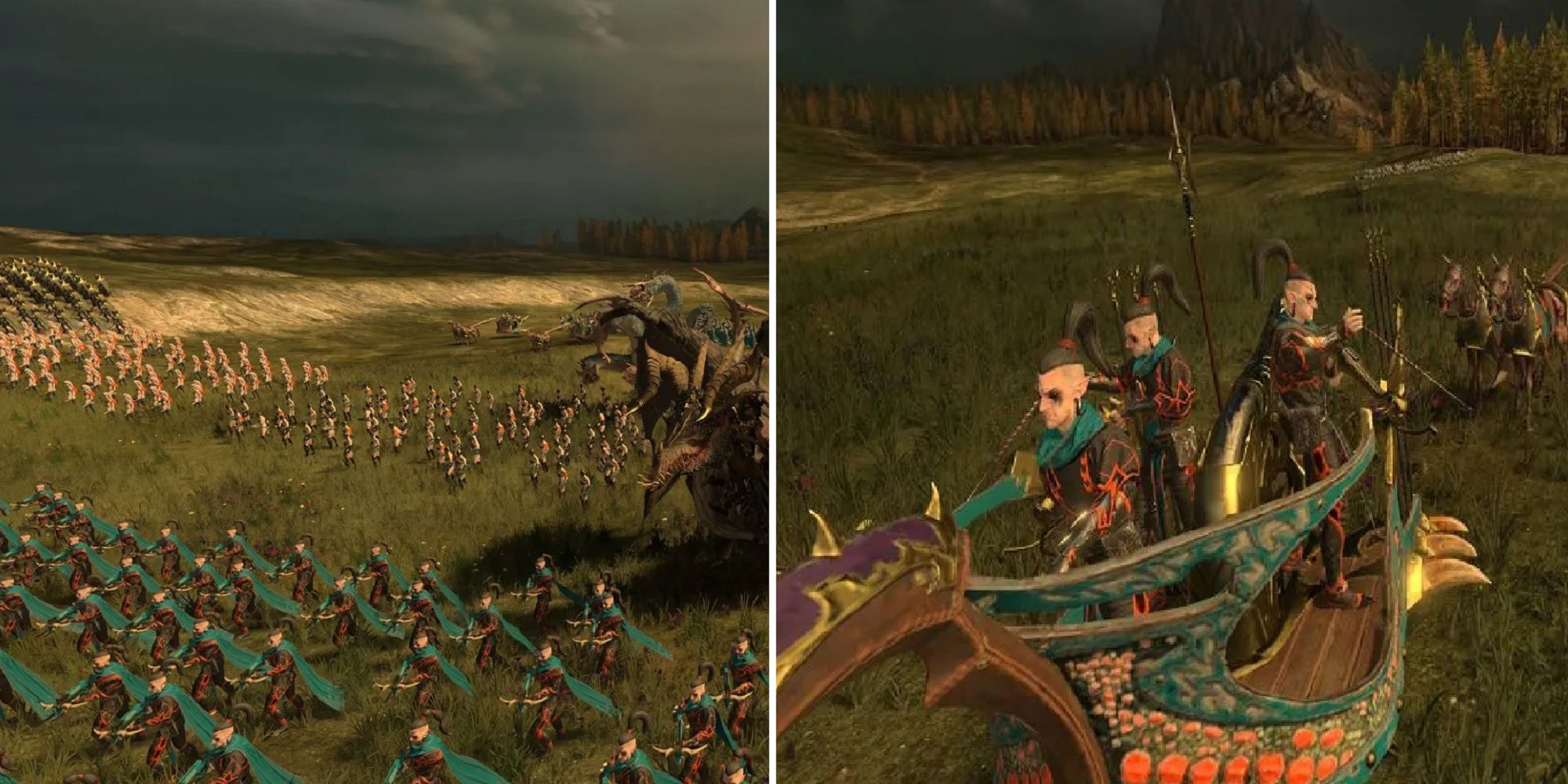 Total War- Warhammer 3 split image Dark Elf army and Scourgerunner Chariot unit in battle