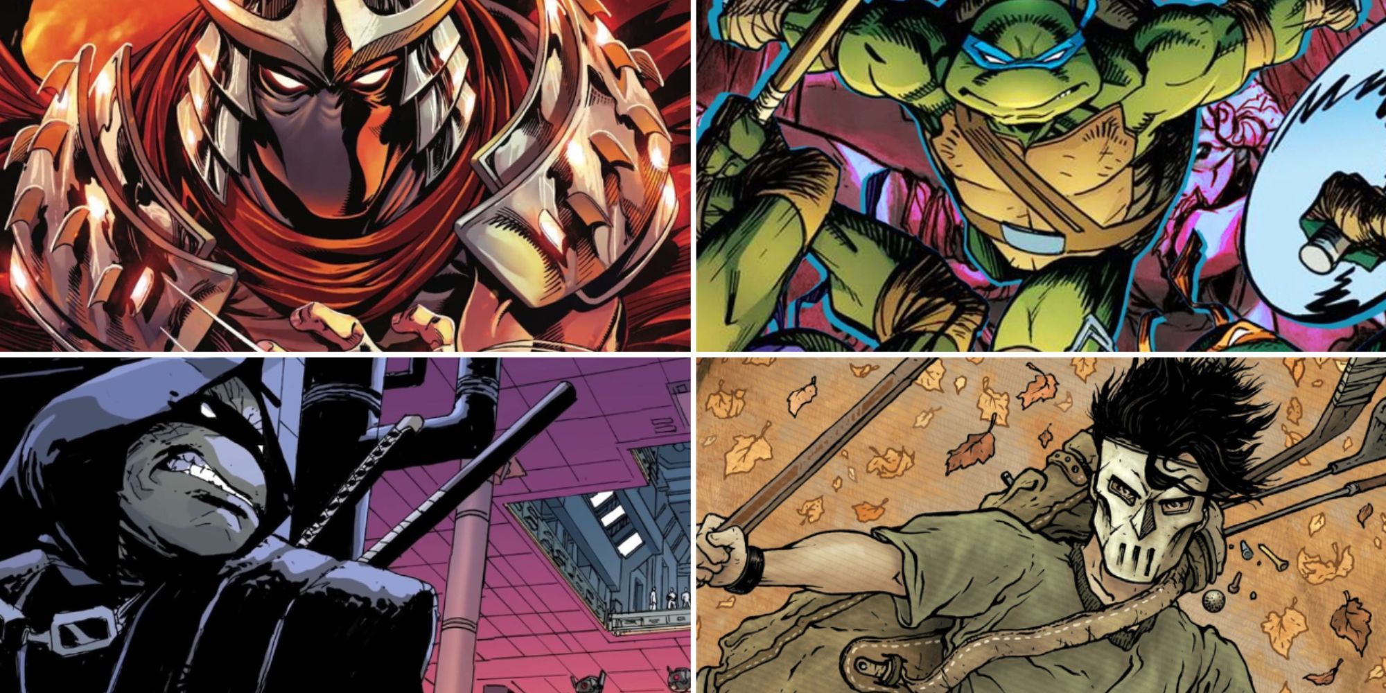 Split image of Leonardo attack enemies, Michelangelo wearing black hiding behind a wall, Casey Jones with a stick, and a close up of Shredder from TMNT