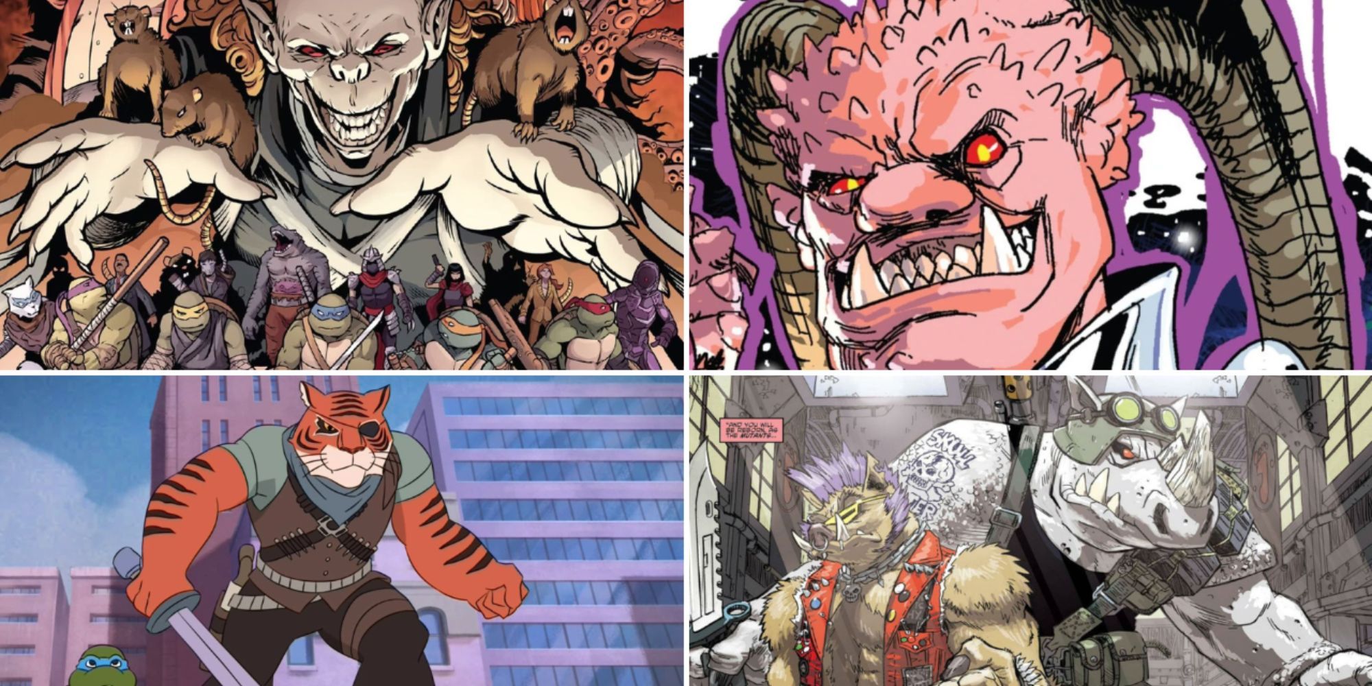 Split image of Rat King, Tiger Claw, Bepop and Rockstead, and Savanti in Teenage Mutant Ninja Turtles