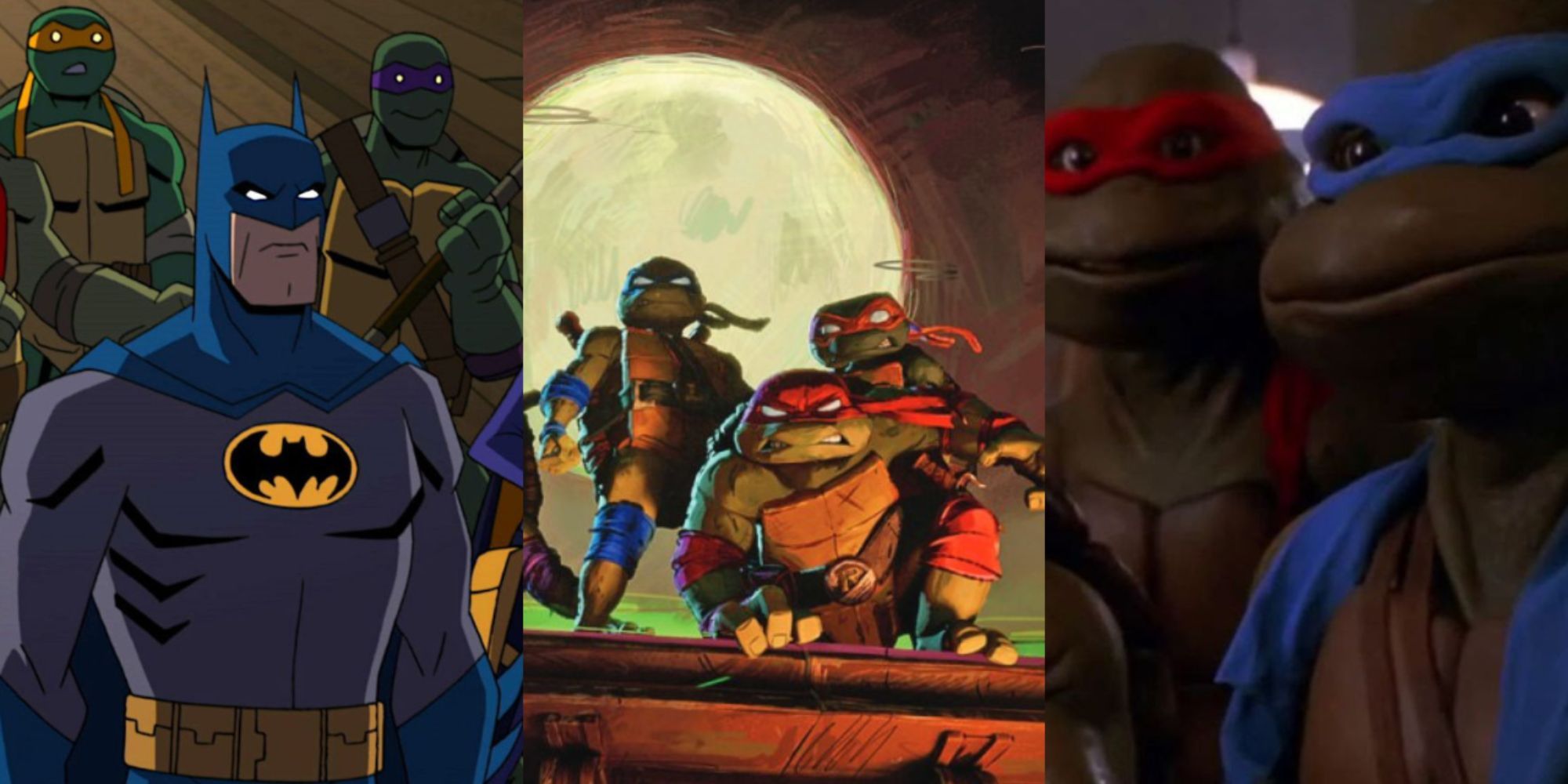 Split image of Batman with Mikey and Donny in Batman vs Teenage Mutant Ninja Turtles, Leo, Mikey and Raph in front of the moon in Mutant Mayhem, and Leo and Raph in TMNT 1991