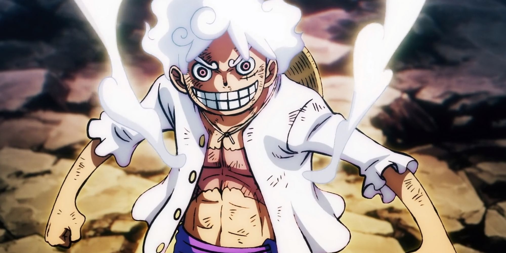 Luffy from One Piece Gear 5 form with white clouds around his neck