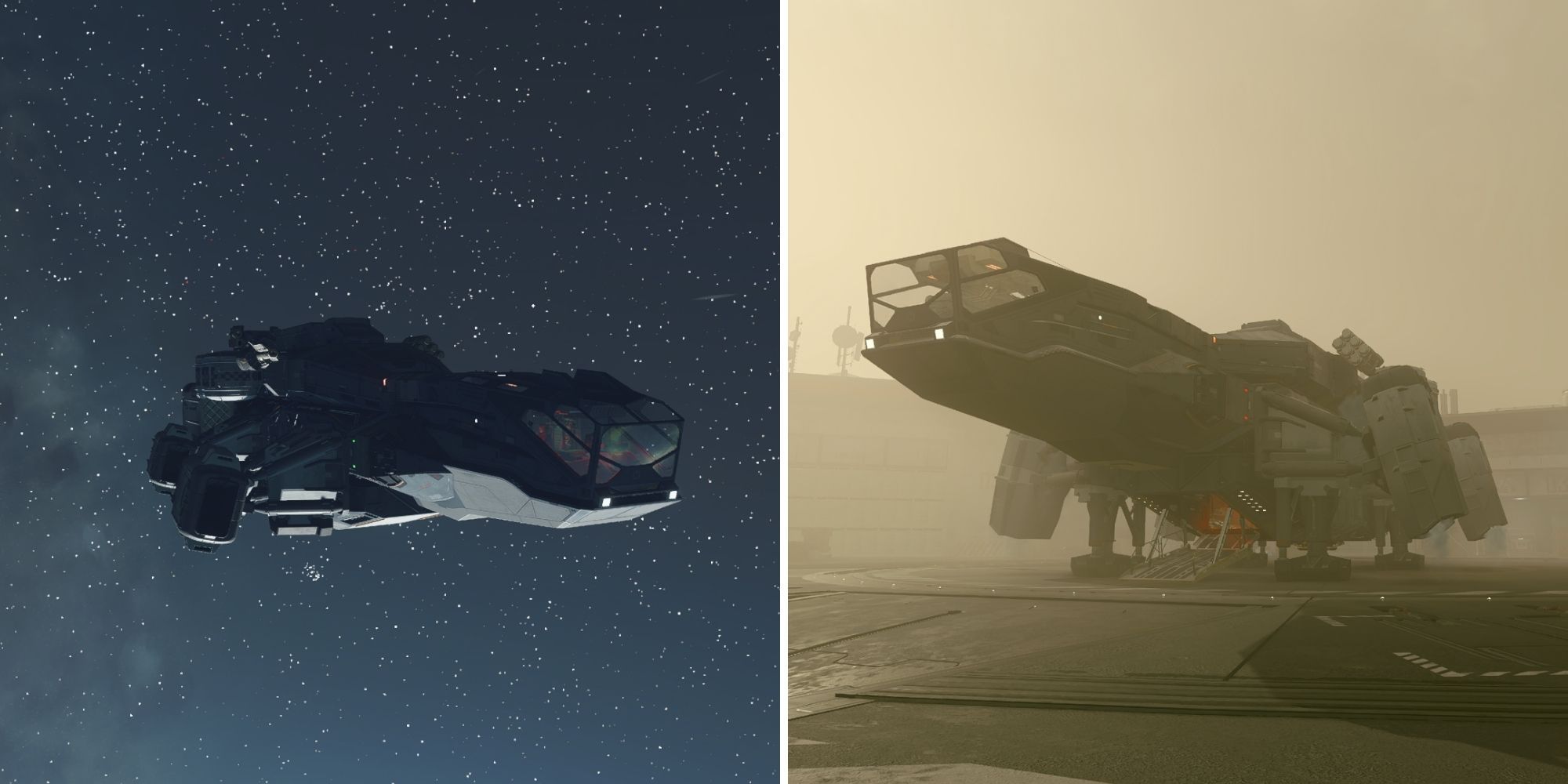 The Player's Ship In Space And At The Landing Pad