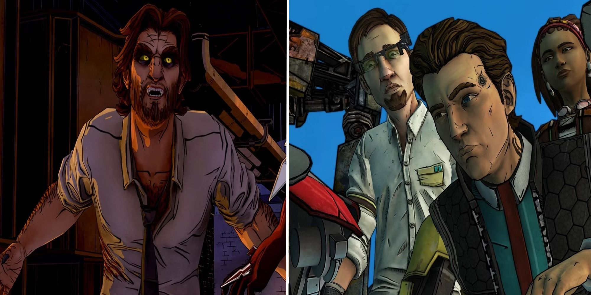 Split image The Wolf Among Us fight and Tales From The Borderlands characters grouped together