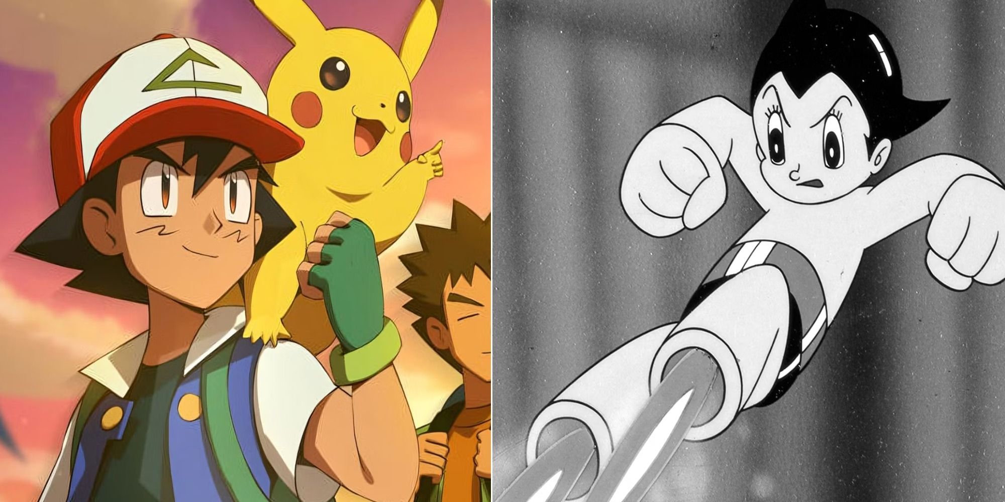 Split image Ash, Pikachu and Brock from Pokemon and Astro Boy flying on thrusters