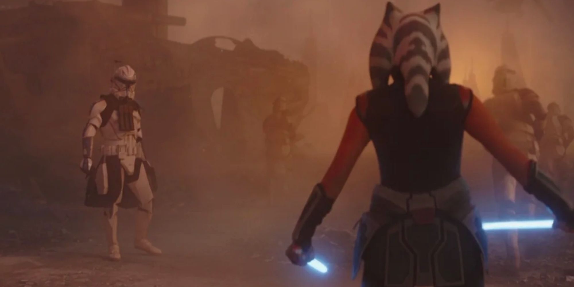 Still of Ahsoka standing in a red mist with two blue lightsabers opposite Captain Rex