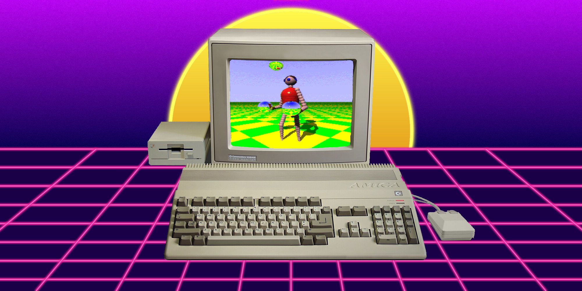 Classic computer, the Amiga 500, on a 90s neon inspired background